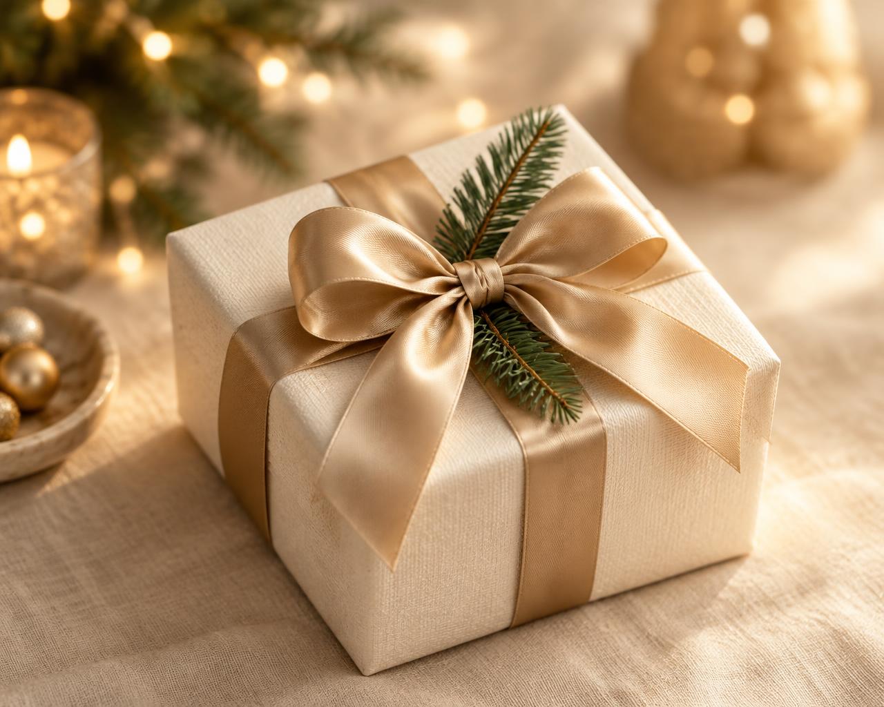 Cremefarbenes Weihnachtsgeschenk mit goldener Schleife und Tannenzweig