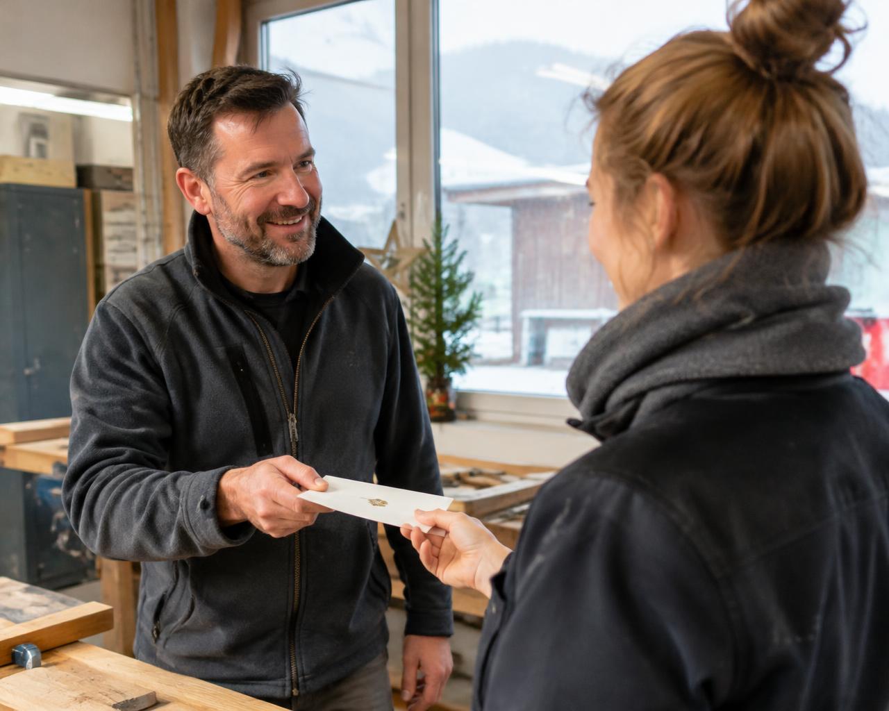 Unternehmer überreicht einer Mitarbeiterin einen Umschlag