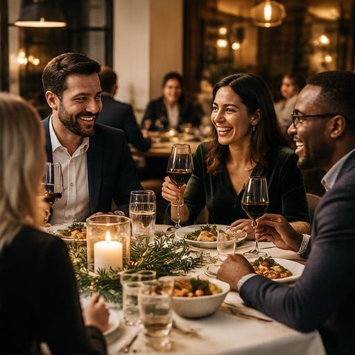 Kollegen bei einem festlichen gemeinsamen Abendessen