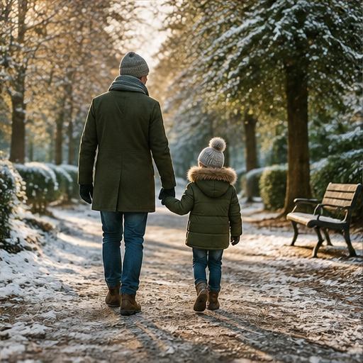 Erwachsener und Kind bei einem gemeinsamen Winterspaziergang